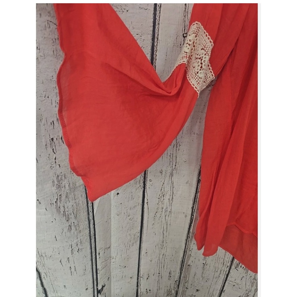 Umgee Size L Women's NWT Boho Bell Sleeve Dark Peach White Lagenlook V-Neck Top - Picture 7 of 10